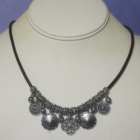 Chaps Silver Tone Charm Brown Cord Necklace - Picture 8 of 8